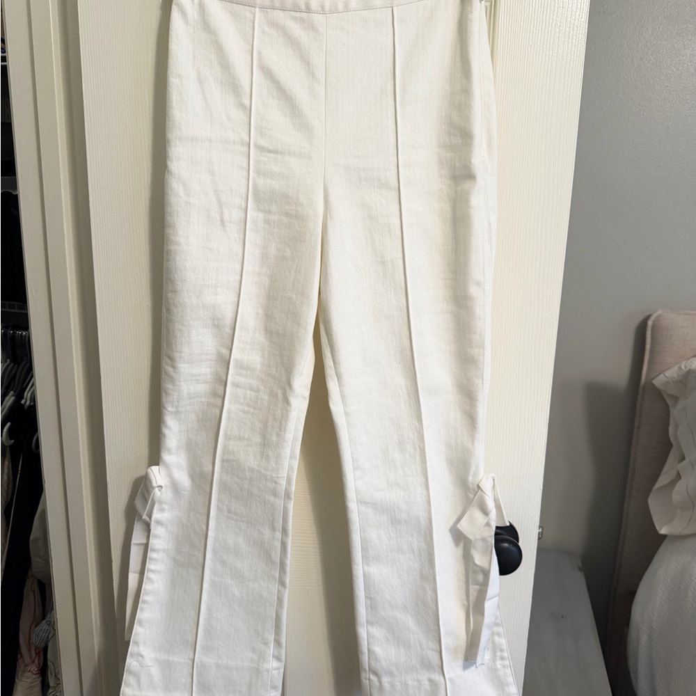 cinq a sept White High-Waist Flare Pants with Side Tie Detail
